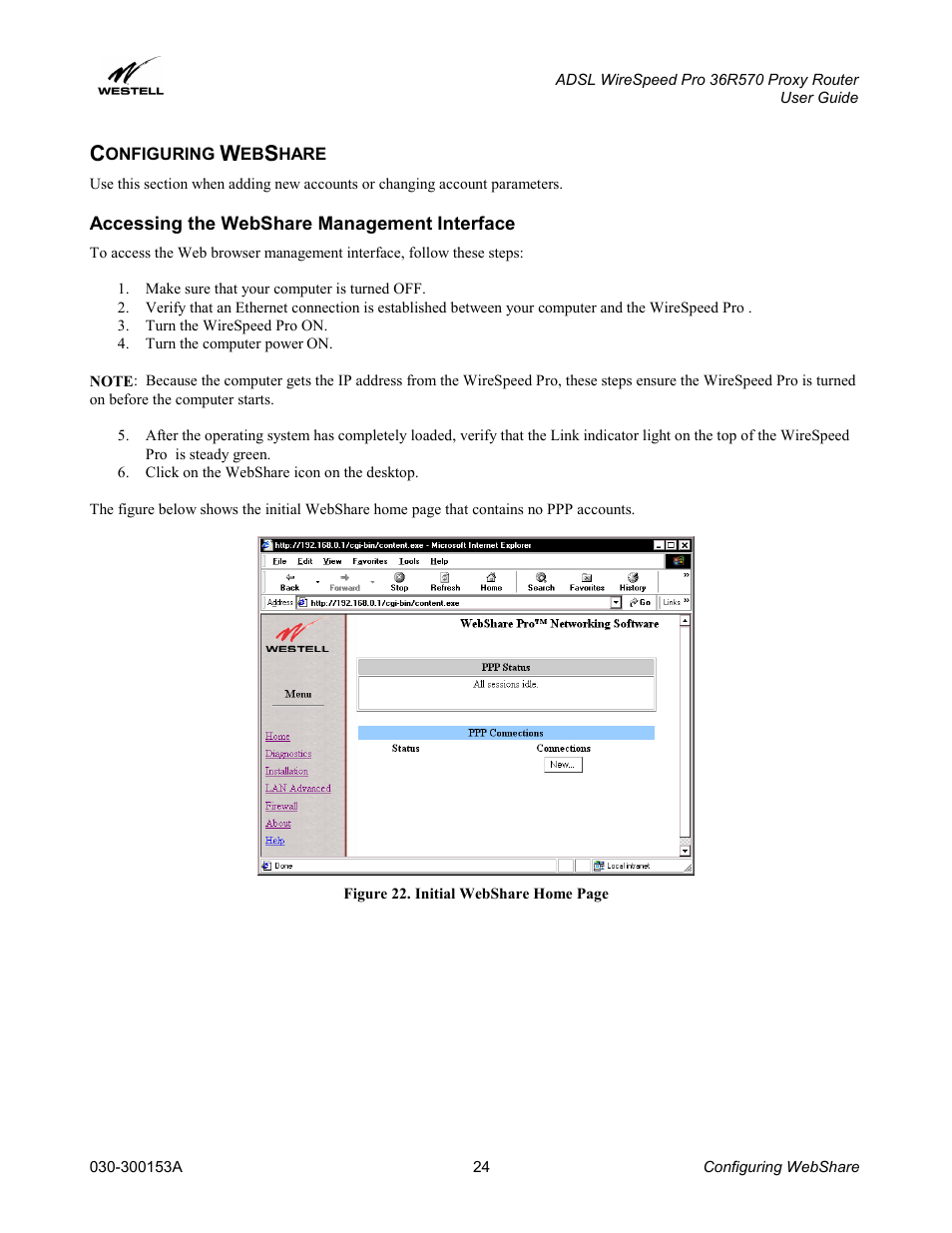 Configuring webshare, Accessing the webshare management interface, Onfiguring | Hare | Westell Technologies 36R570 User Manual | Page 24 / 59