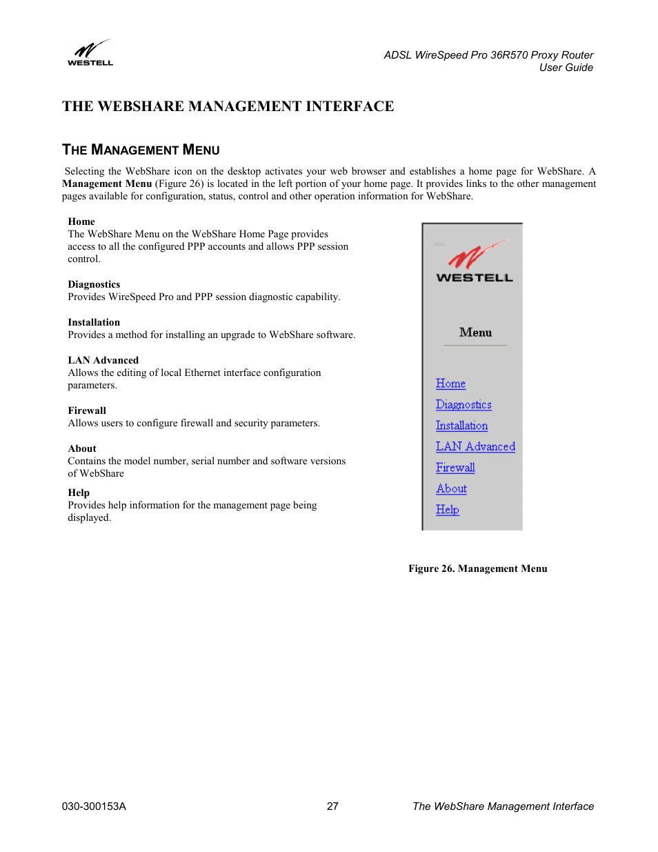 The webshare management interface, The management menu, Anagement | The webshare management interface t | Westell Technologies 36R570 User Manual | Page 27 / 59
