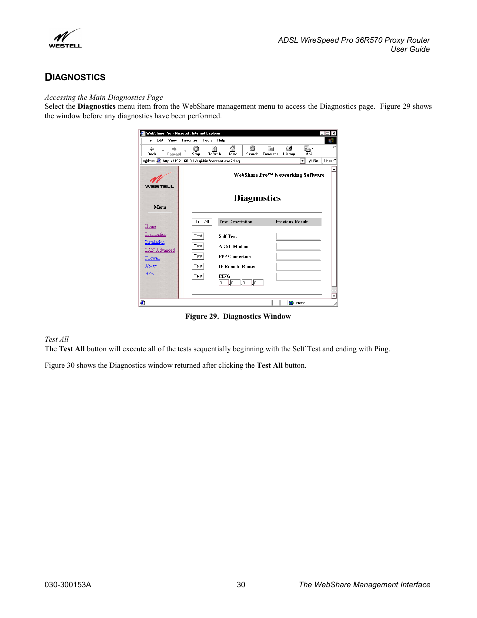 Diagnostics, Test all, Iagnostics | Westell Technologies 36R570 User Manual | Page 30 / 59