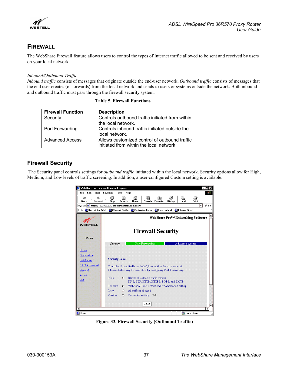 Firewall, Inbound/outbound traffic, Firewall security | Irewall | Westell Technologies 36R570 User Manual | Page 37 / 59