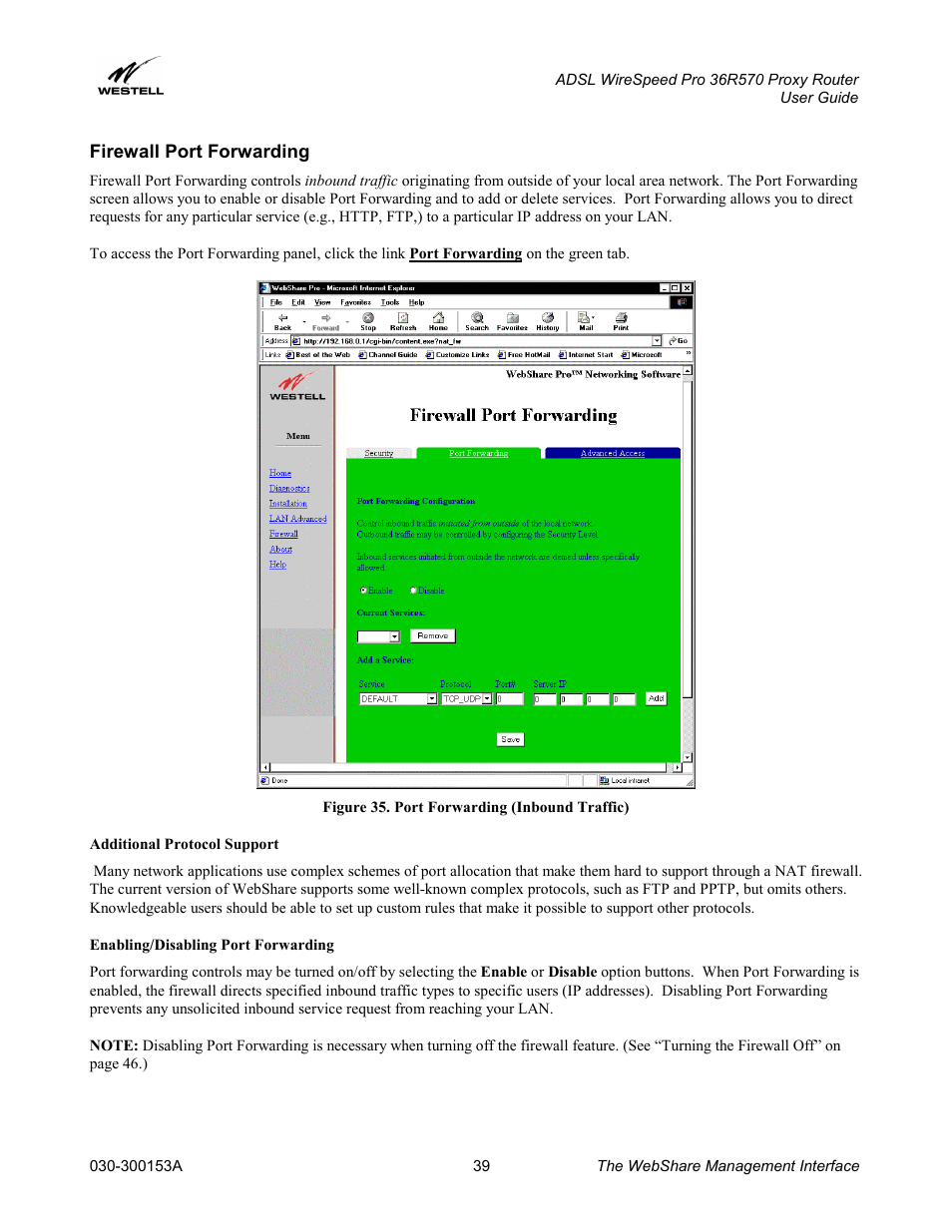 Firewall port forwarding, Additional protocol support, Enabling/disabling port forwarding | Westell Technologies 36R570 User Manual | Page 39 / 59