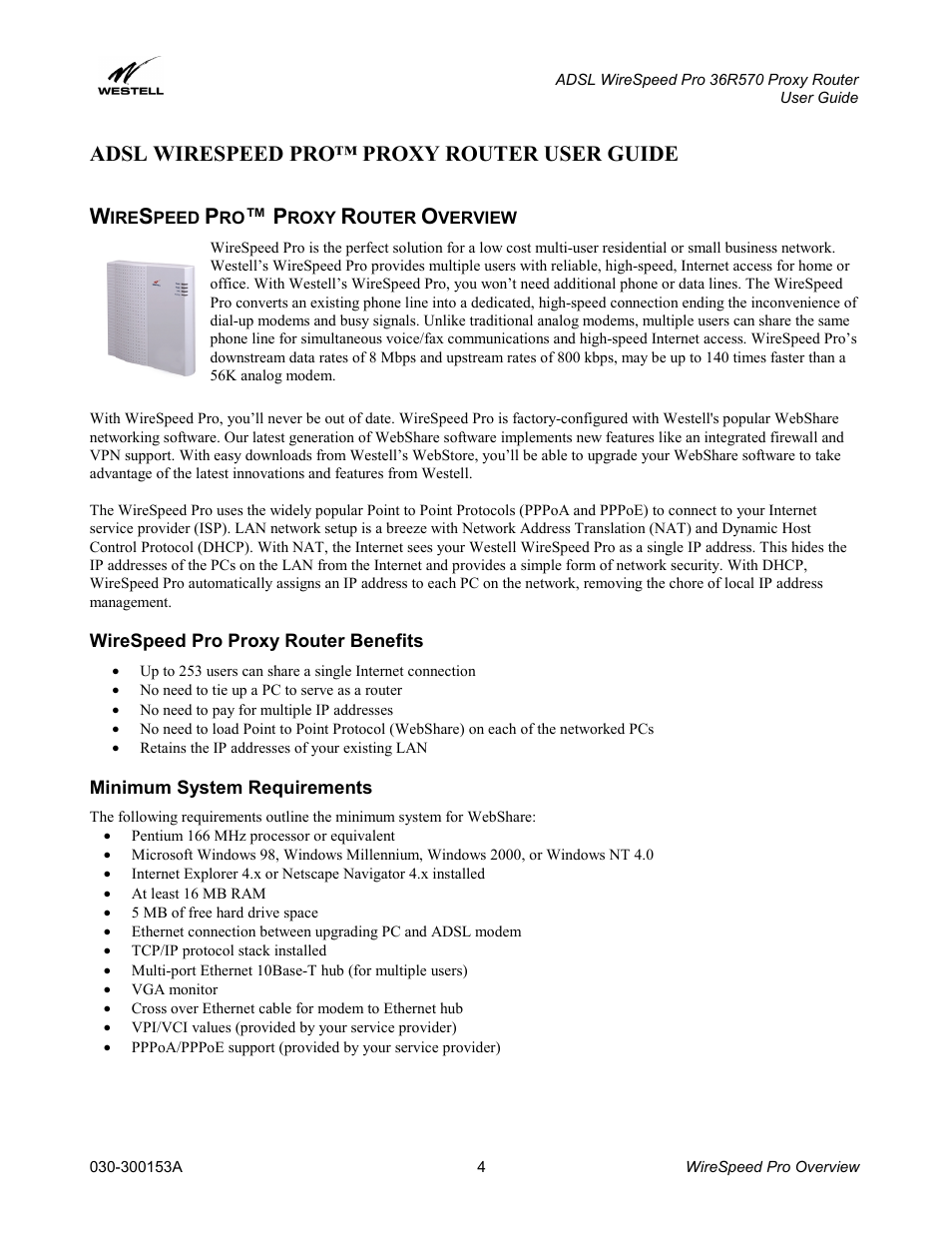 Adsl wirespeed pro™ proxy router user guide, Wirespeed pro™ proxy router overview, Wirespeed pro proxy router benefits | Minimum system requirements, Peed, Roxy, Outer, Verview, Adsl wirespeed pro™ proxy router user guide w | Westell Technologies 36R570 User Manual | Page 4 / 59