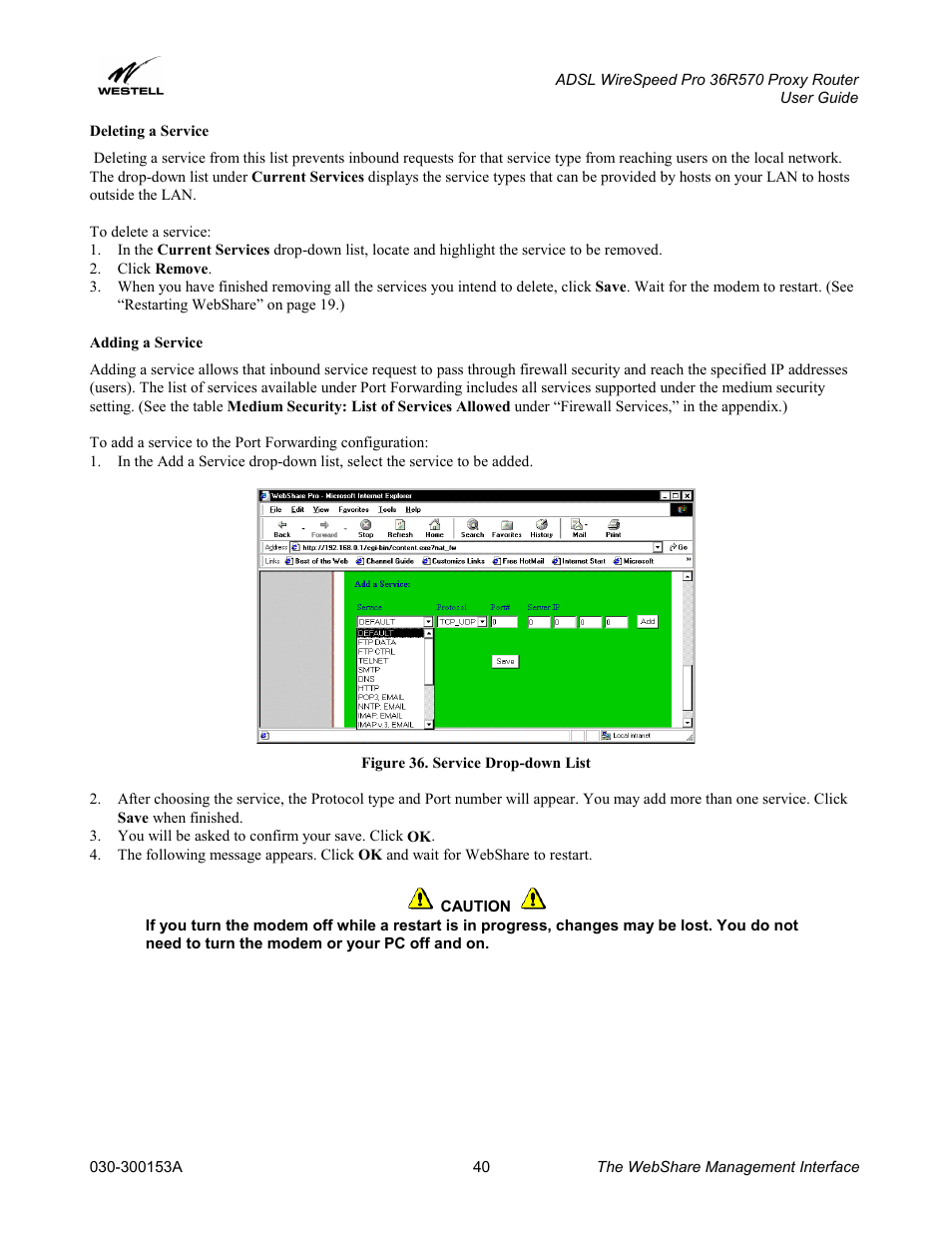 Deleting a service, Adding a service, Deleting a service adding a service | Westell Technologies 36R570 User Manual | Page 40 / 59