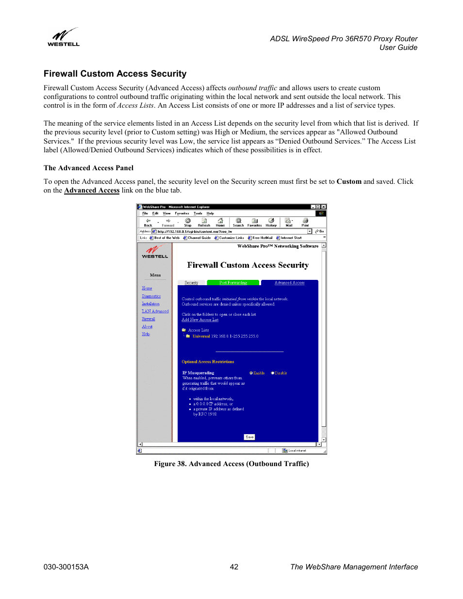 Firewall custom access security, The advanced access panel | Westell Technologies 36R570 User Manual | Page 42 / 59