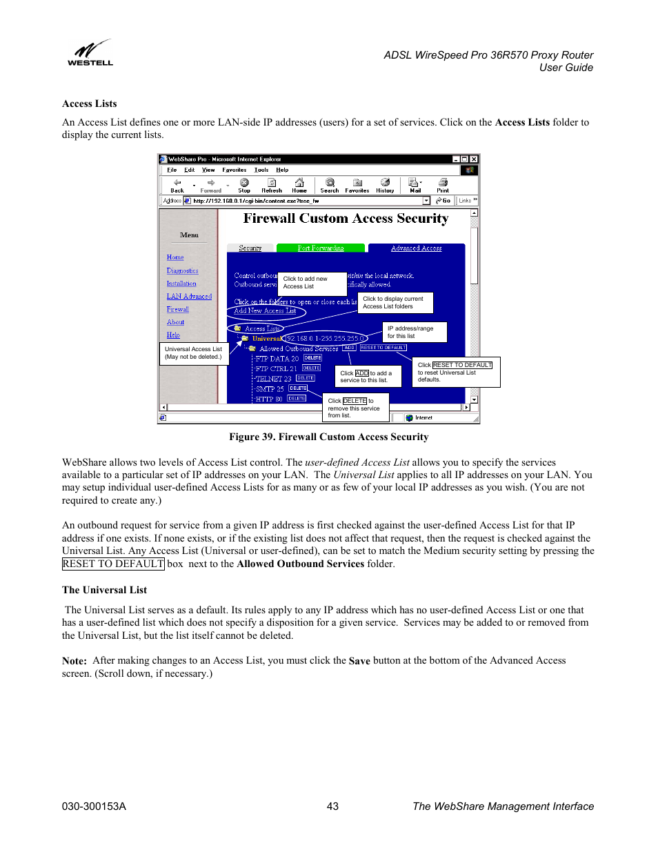 Access lists, The universal list, Access lists the universal list | Westell Technologies 36R570 User Manual | Page 43 / 59
