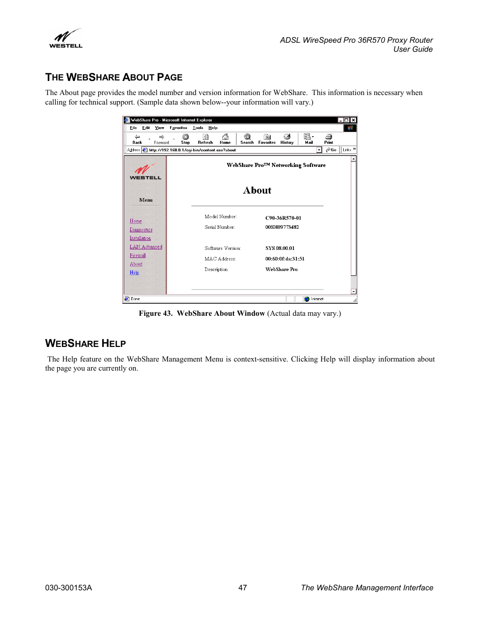 Webshare help, Hare, Bout | Westell Technologies 36R570 User Manual | Page 47 / 59
