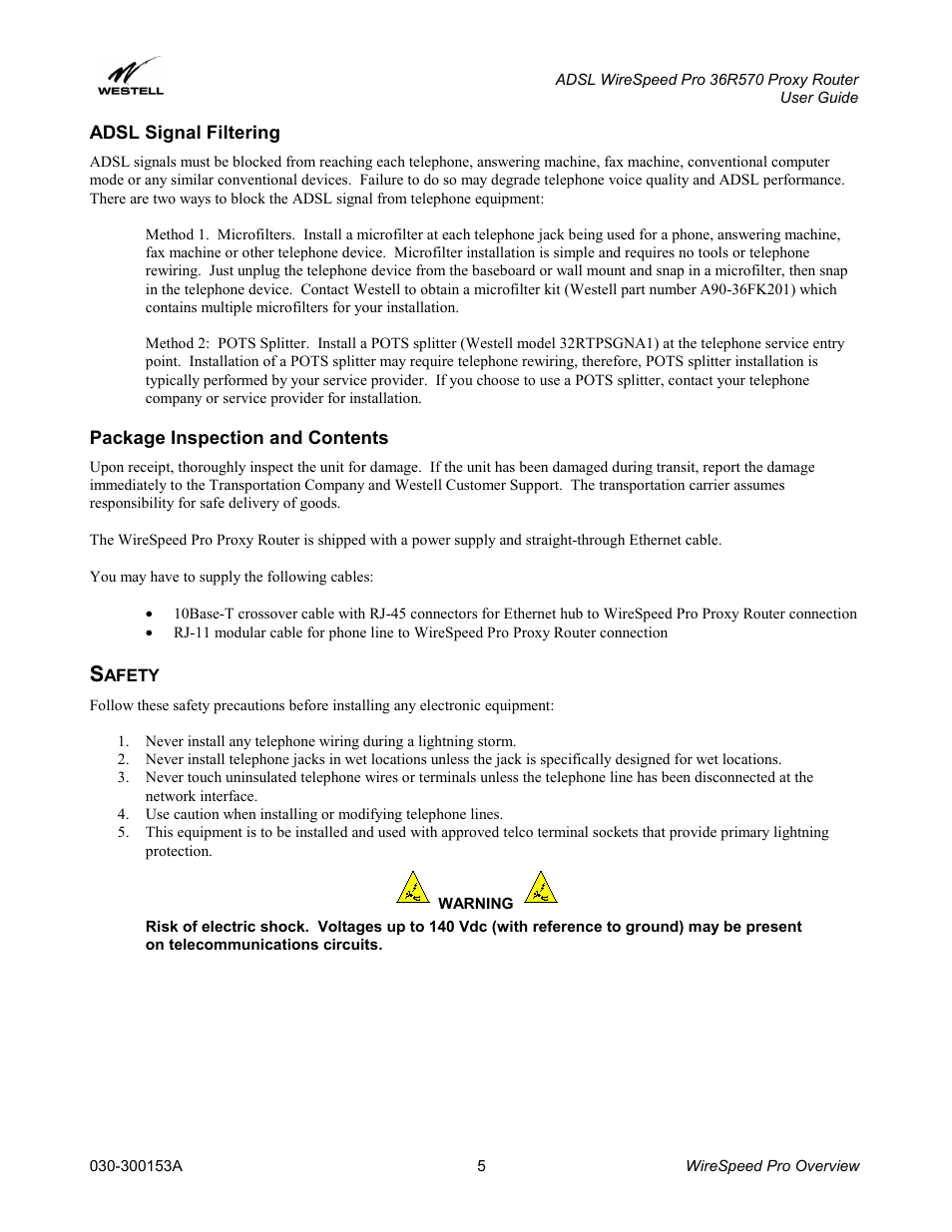 Adsl signal filtering, Package inspection and contents, Safety | Afety | Westell Technologies 36R570 User Manual | Page 5 / 59
