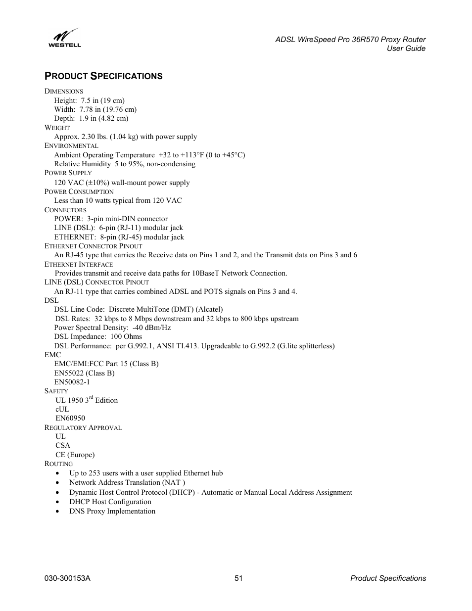Product specifications, Roduct, Pecifications | Westell Technologies 36R570 User Manual | Page 51 / 59
