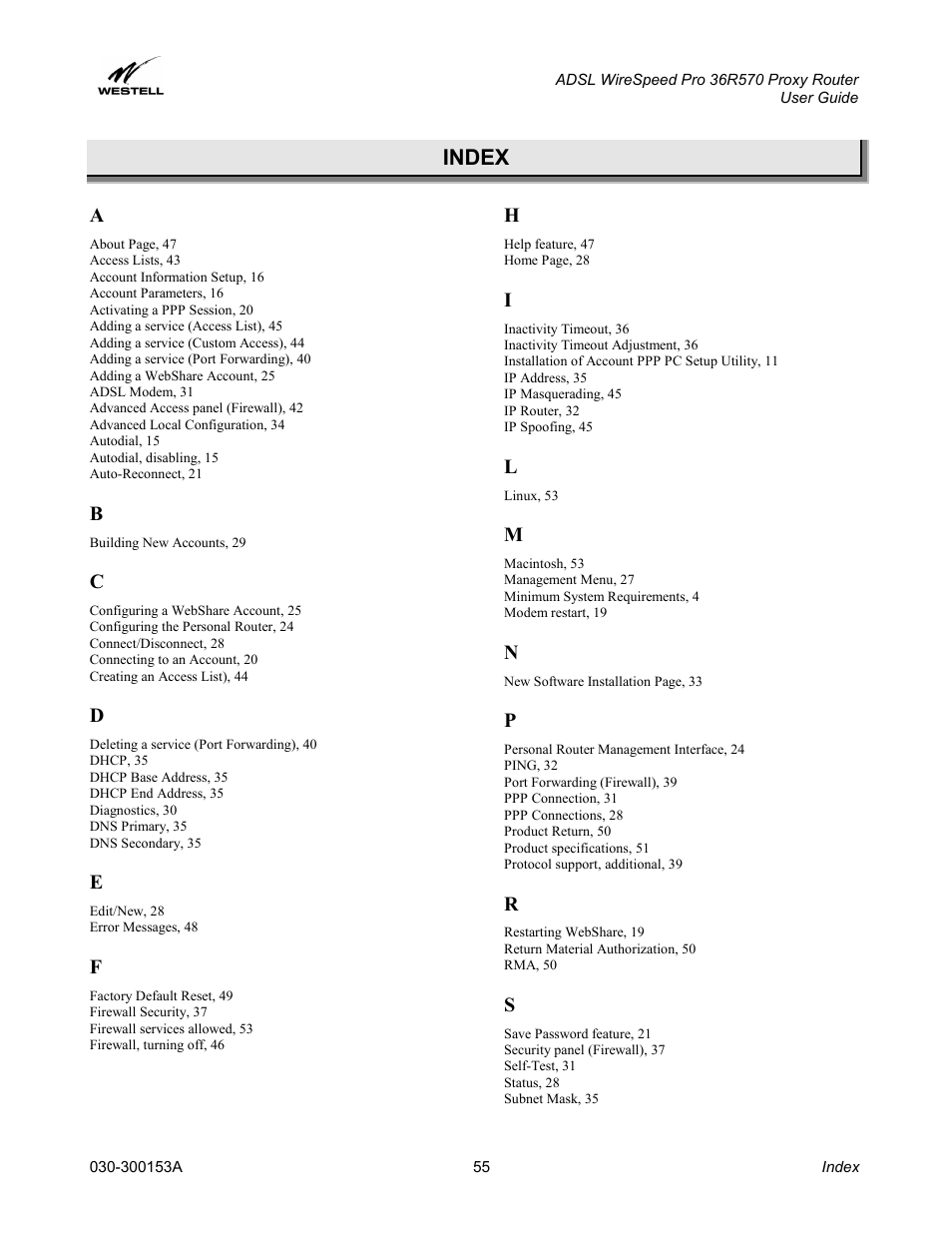 Index | Westell Technologies 36R570 User Manual | Page 55 / 59