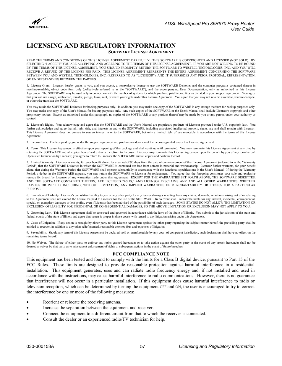 Licensing and regulatory information | Westell Technologies 36R570 User Manual | Page 57 / 59