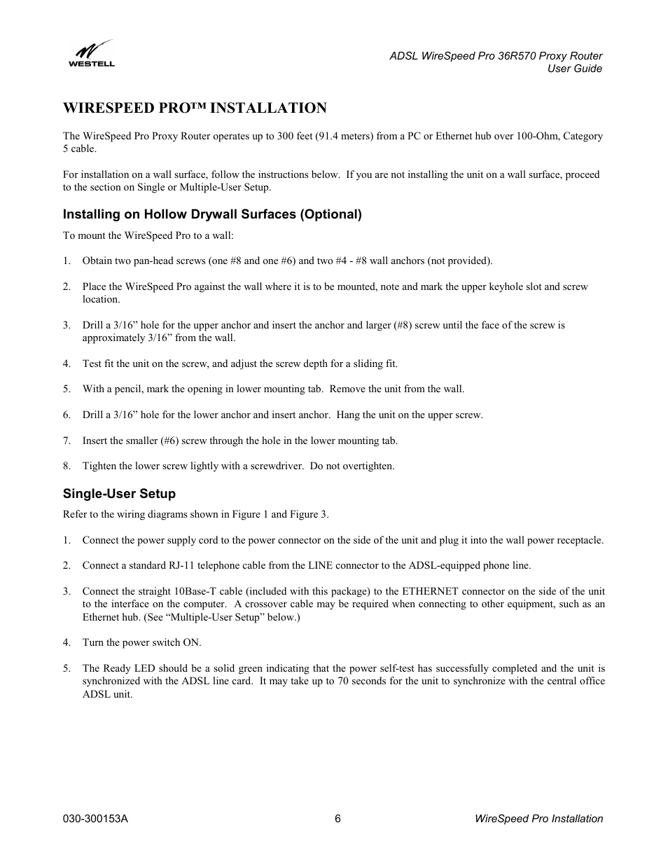 Wirespeed pro™ installation, Installing on hollow drywall surfaces (optional), Single-user setup | Westell Technologies 36R570 User Manual | Page 6 / 59