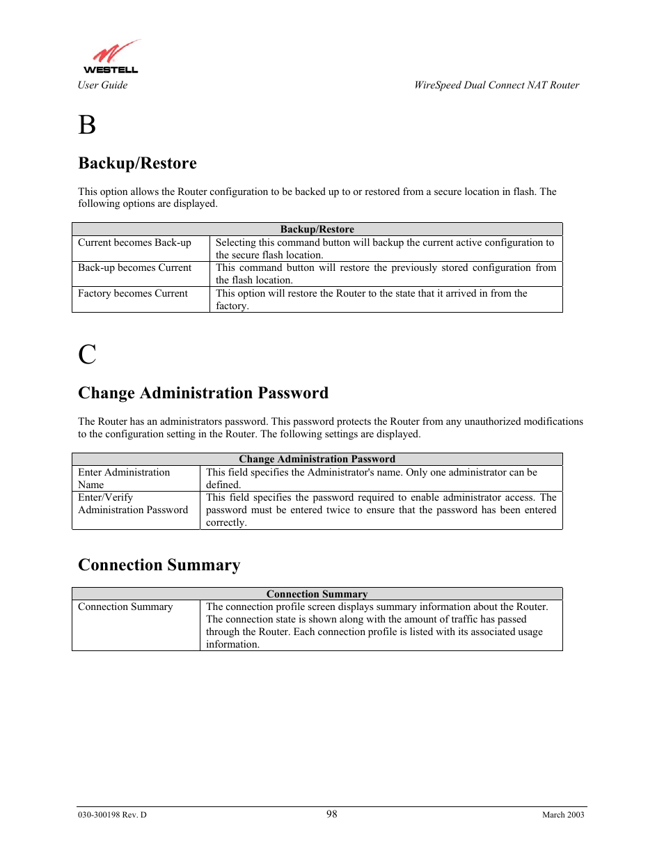 Backup/restore, Change administration password, Connection summary | Westell Technologies Wirespeed 2100 User Manual | Page 100 / 118