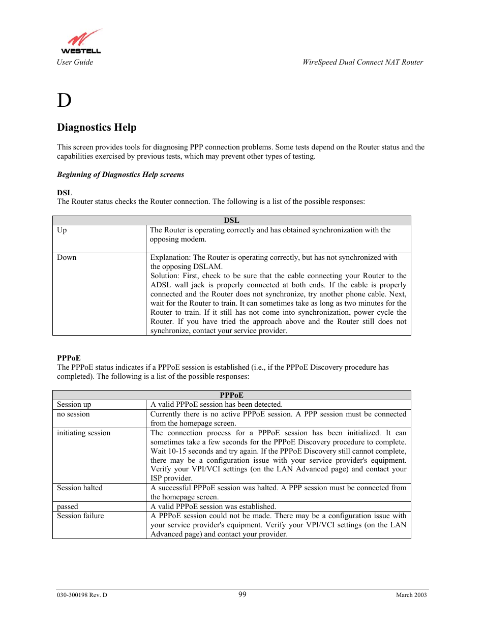 Diagnostics help | Westell Technologies Wirespeed 2100 User Manual | Page 101 / 118