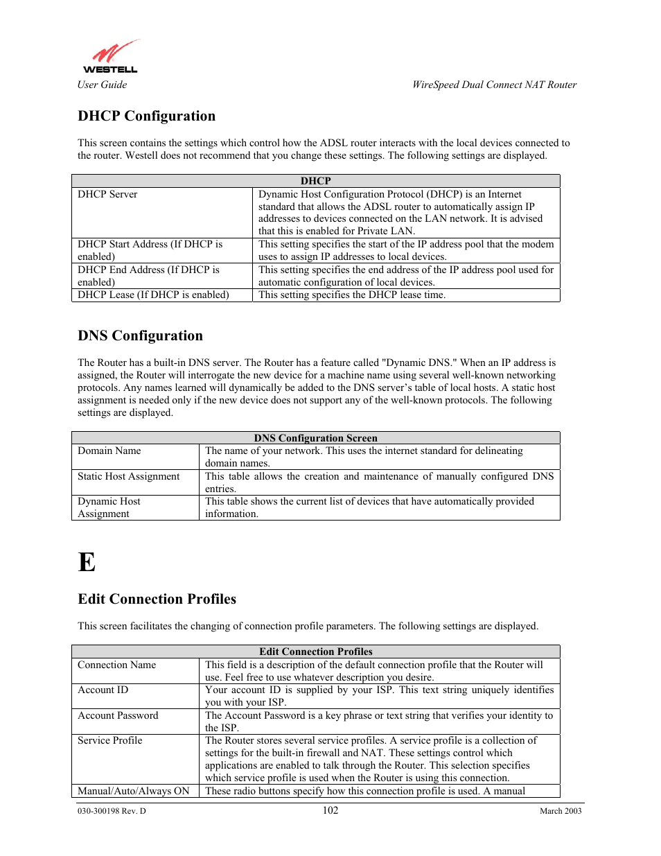Dhcp configuration, Dns configuration, Edit connection profiles | Westell Technologies Wirespeed 2100 User Manual | Page 104 / 118