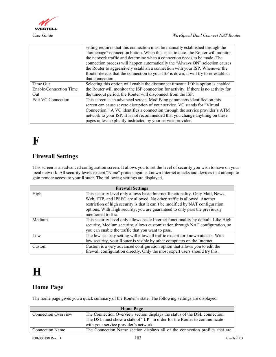 Firewall settings, Home page | Westell Technologies Wirespeed 2100 User Manual | Page 105 / 118