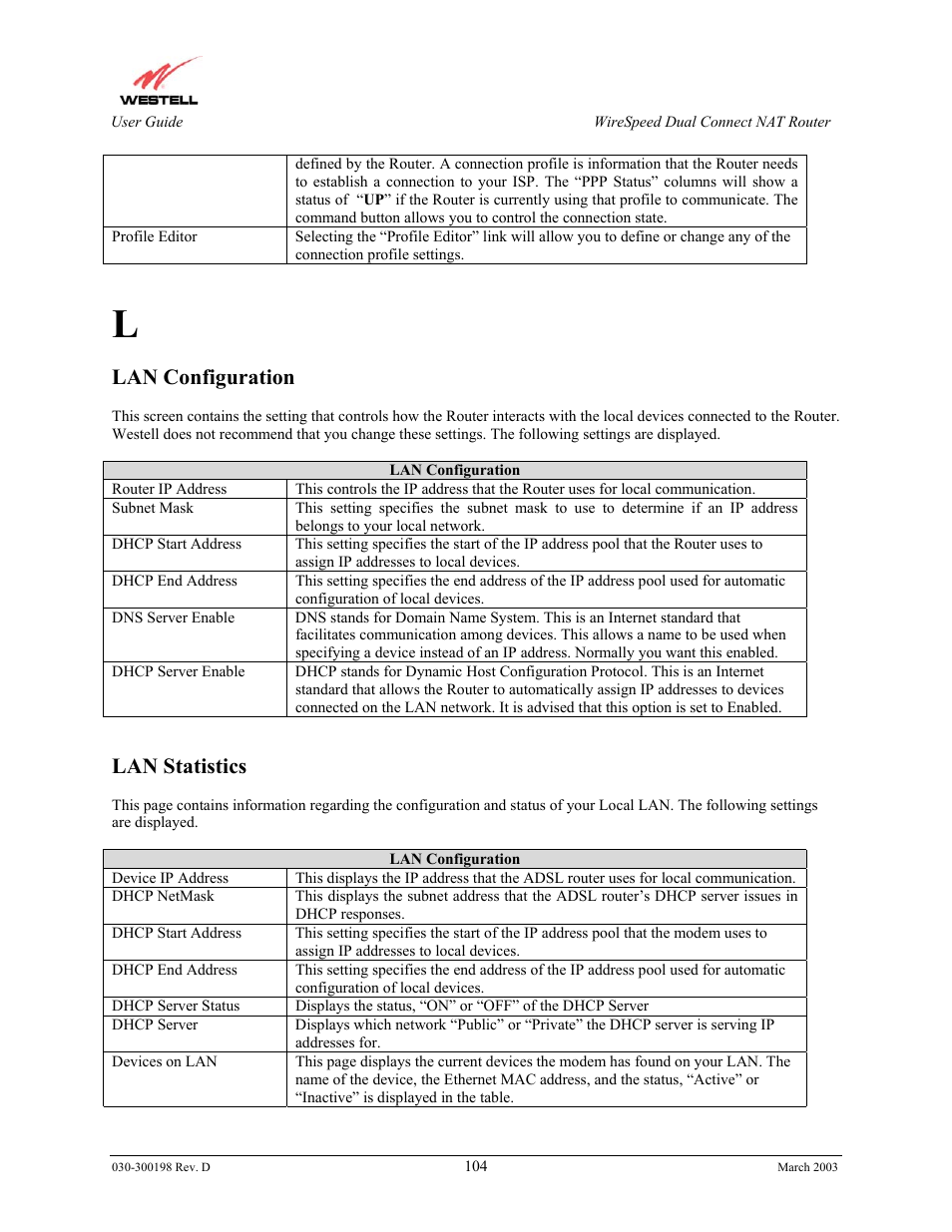 Lan configuration, Lan statistics | Westell Technologies Wirespeed 2100 User Manual | Page 106 / 118
