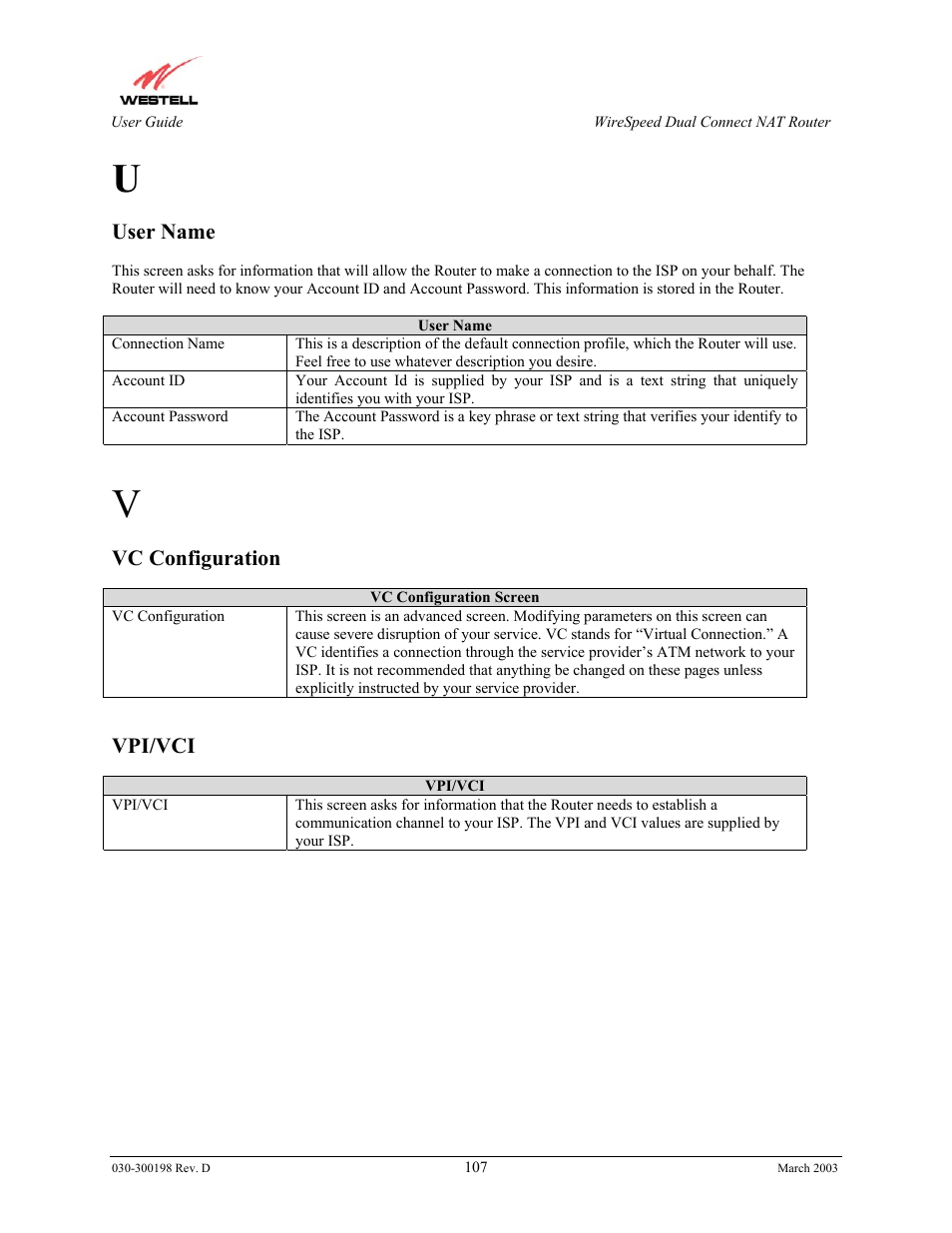 User name, Vc configuration, Vpi/vci | Westell Technologies Wirespeed 2100 User Manual | Page 109 / 118