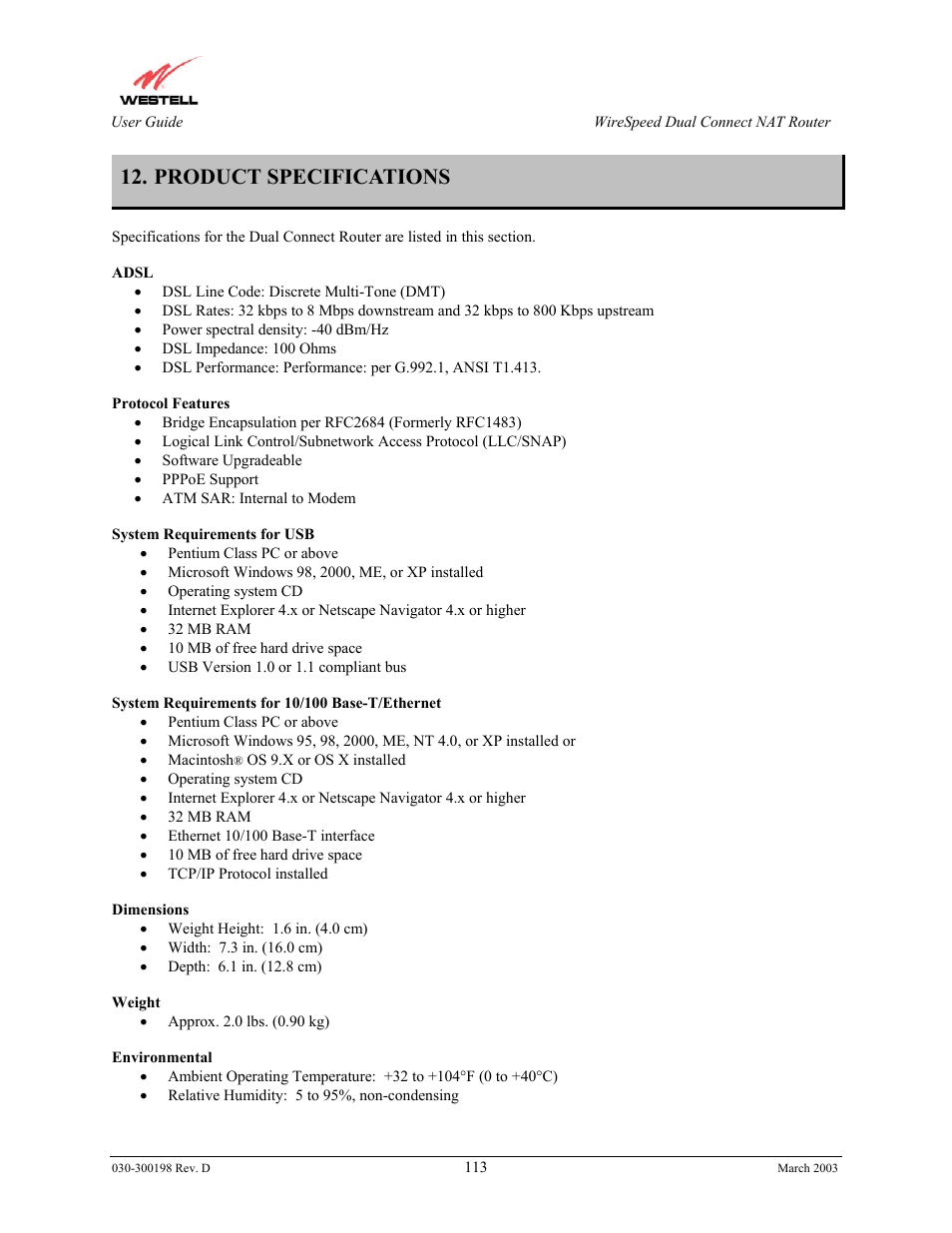 Product specifications | Westell Technologies Wirespeed 2100 User Manual | Page 115 / 118