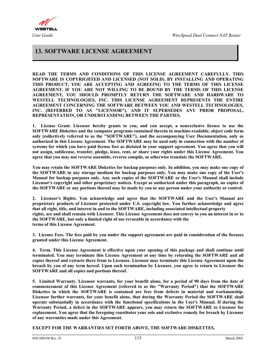 Software license agreement | Westell Technologies Wirespeed 2100 User Manual | Page 117 / 118