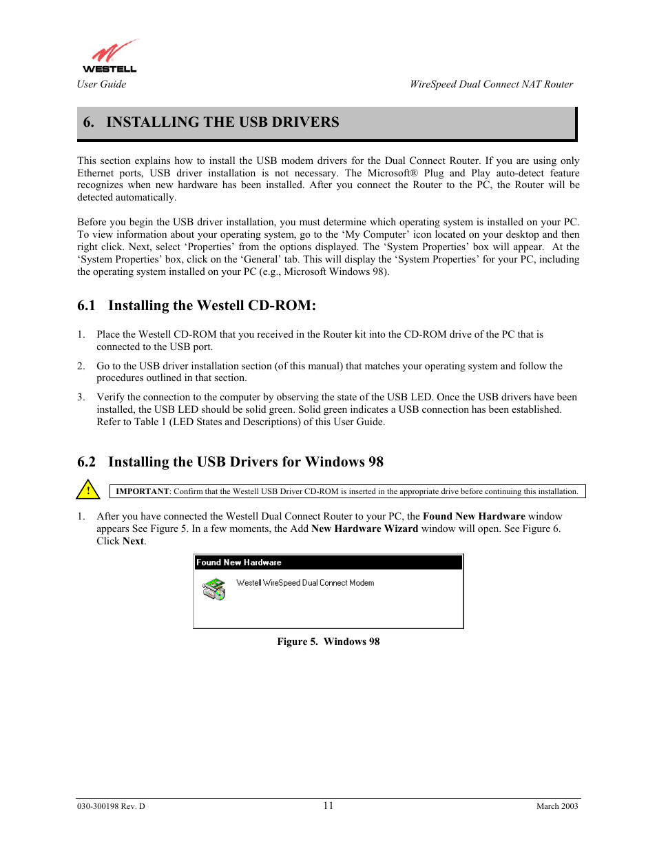 Installing the usb drivers, 1 installing the westell cd-rom, 2 installing the usb drivers for windows 98 | Westell Technologies Wirespeed 2100 User Manual | Page 13 / 118