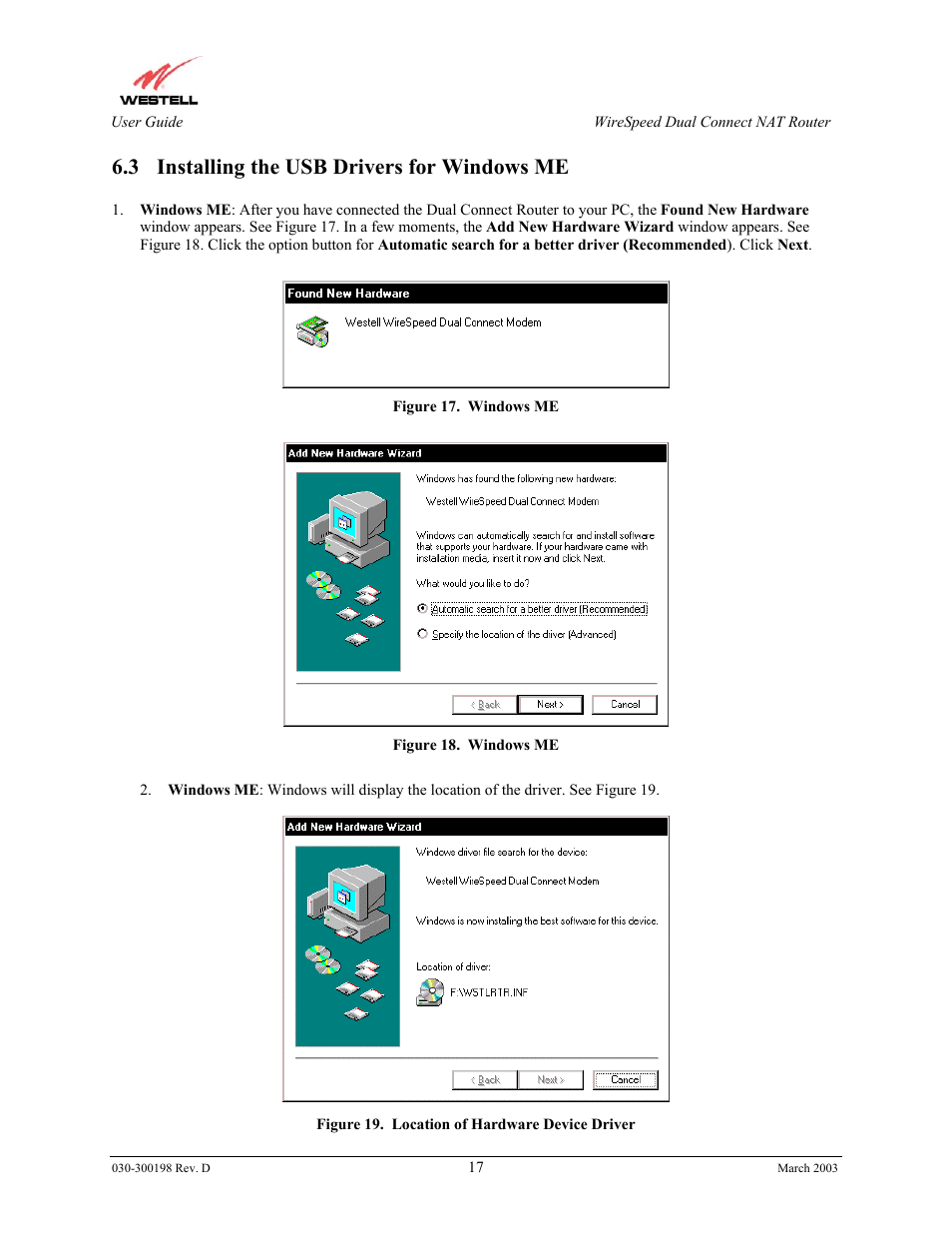 3 installing the usb drivers for windows me | Westell Technologies Wirespeed 2100 User Manual | Page 19 / 118