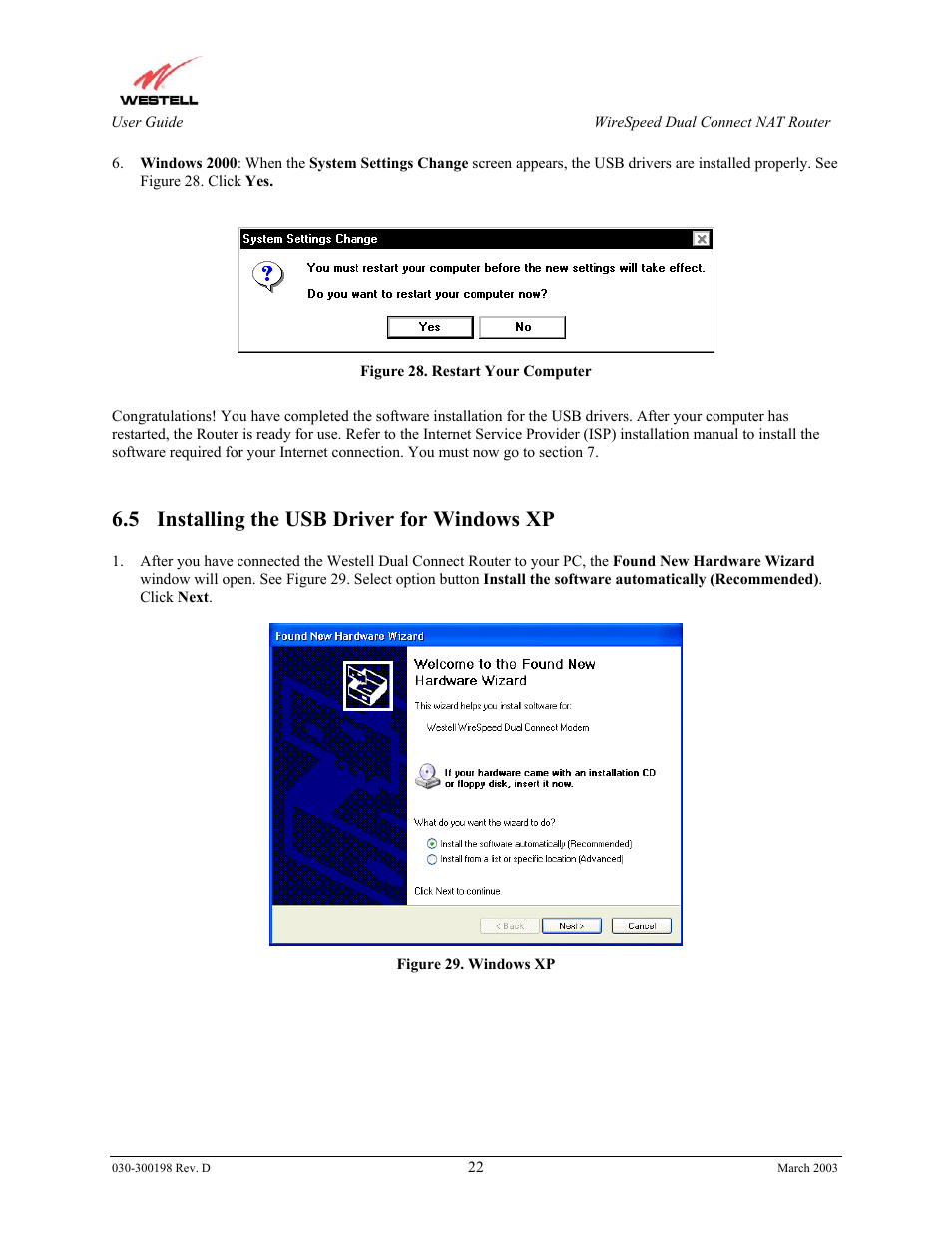 5 installing the usb driver for windows xp | Westell Technologies Wirespeed 2100 User Manual | Page 24 / 118