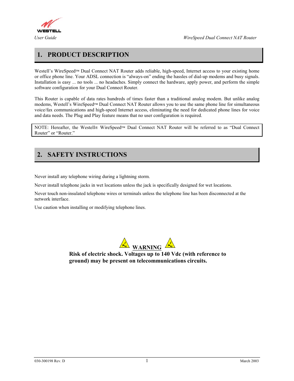 Product description, Safety instructions | Westell Technologies Wirespeed 2100 User Manual | Page 3 / 118