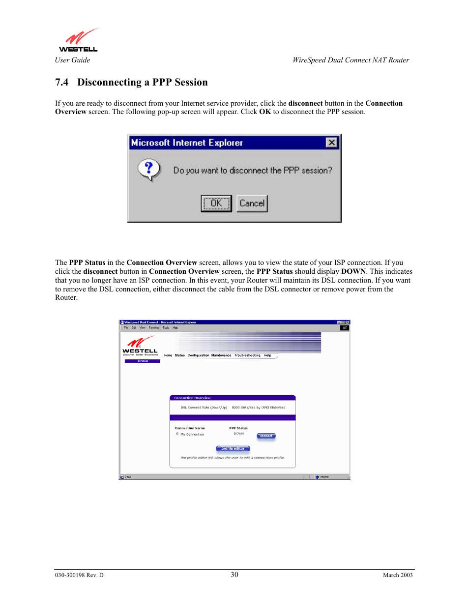 4 disconnecting a ppp session | Westell Technologies Wirespeed 2100 User Manual | Page 32 / 118
