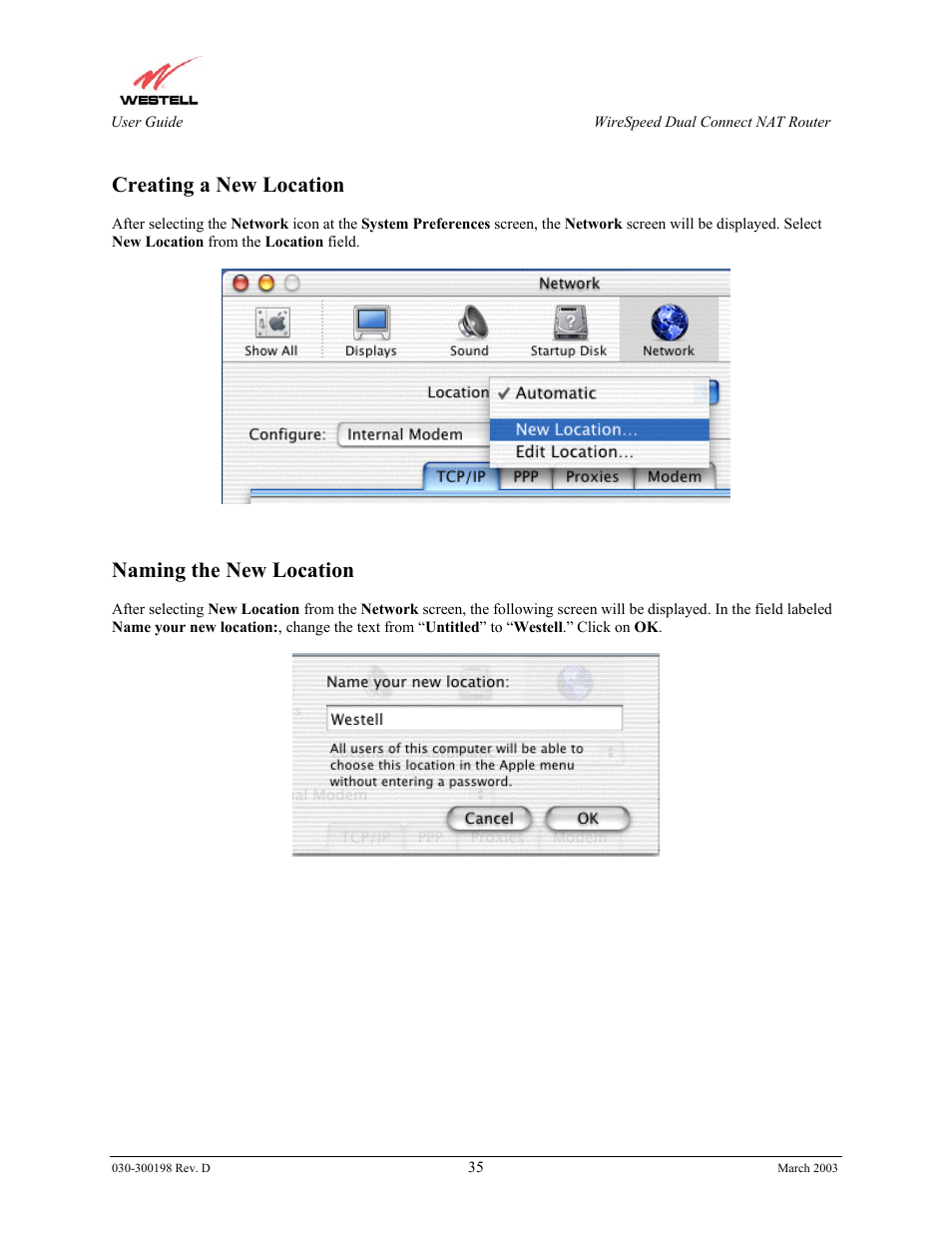 Creating a new location, Naming the new location | Westell Technologies Wirespeed 2100 User Manual | Page 37 / 118