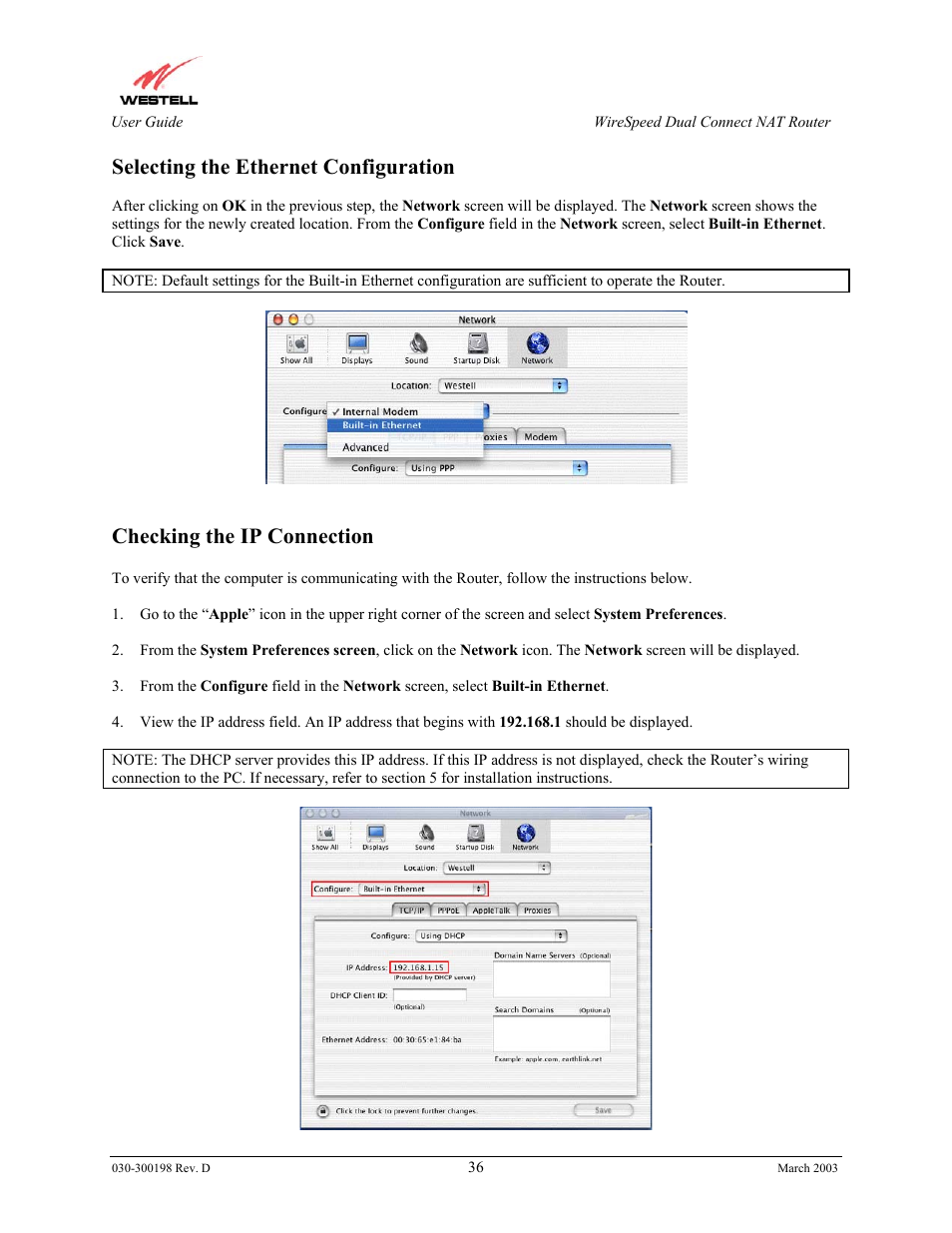 Selecting the ethernet configuration, Checking the ip connection | Westell Technologies Wirespeed 2100 User Manual | Page 38 / 118