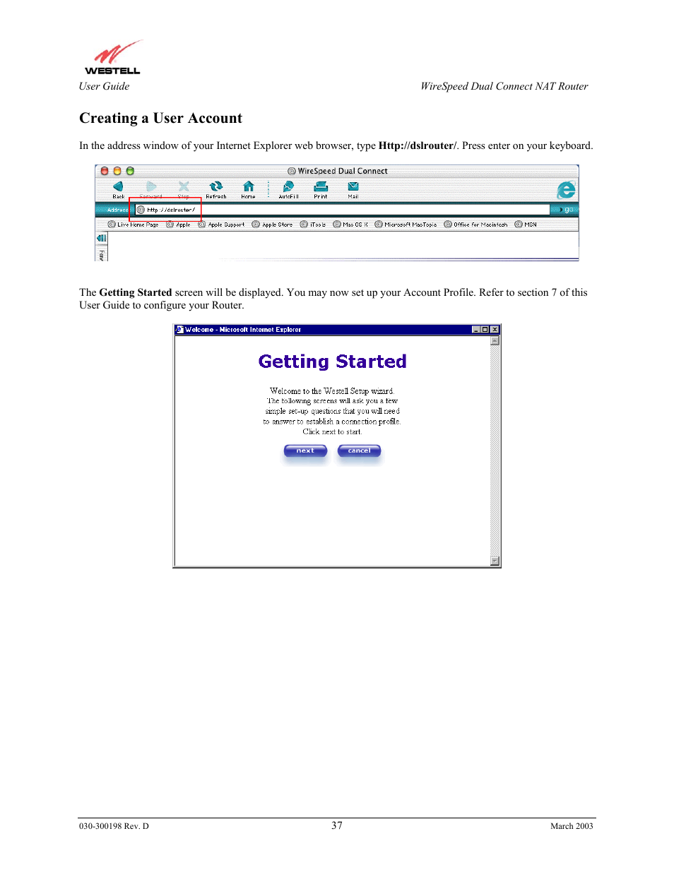 Creating a user account | Westell Technologies Wirespeed 2100 User Manual | Page 39 / 118