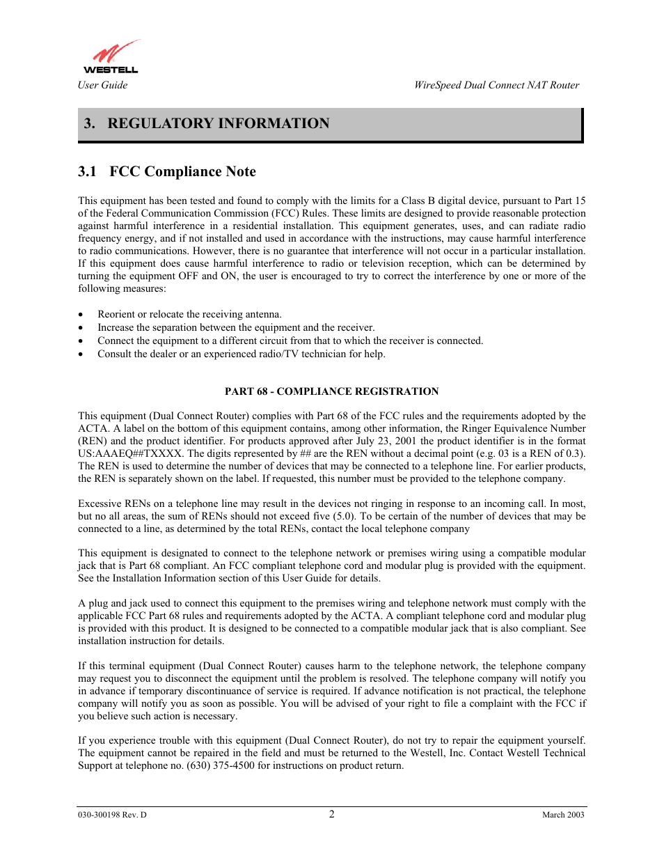 Regulatory information | Westell Technologies Wirespeed 2100 User Manual | Page 4 / 118
