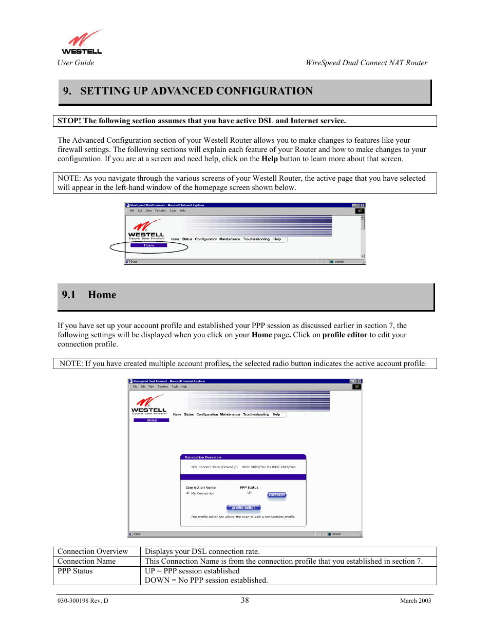 Setting up advanced configuration, 1 home | Westell Technologies Wirespeed 2100 User Manual | Page 40 / 118