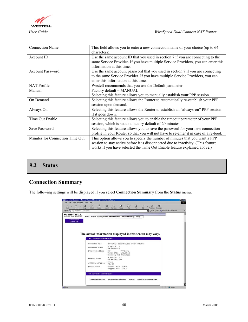 2 status, Connection summary | Westell Technologies Wirespeed 2100 User Manual | Page 42 / 118