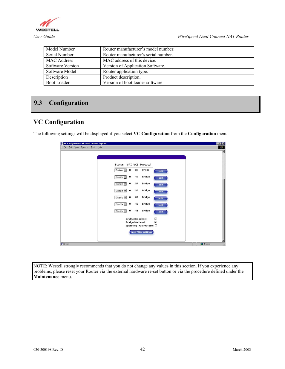 3 configuration, Vc configuration | Westell Technologies Wirespeed 2100 User Manual | Page 44 / 118
