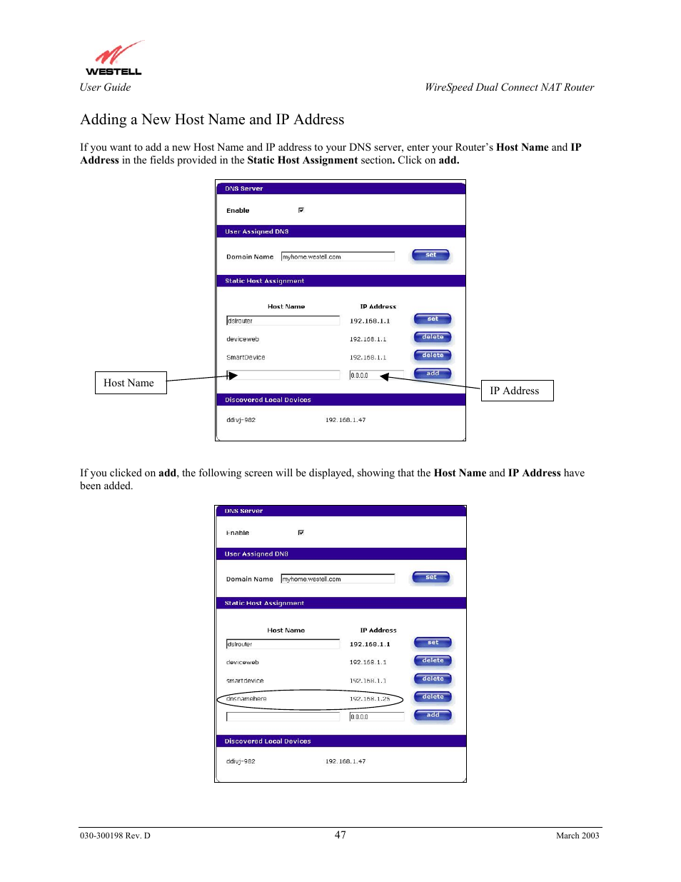 Adding a new host name and ip address | Westell Technologies Wirespeed 2100 User Manual | Page 49 / 118