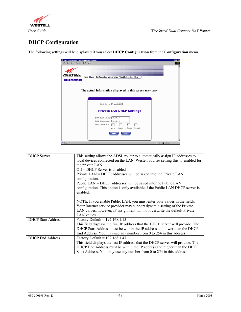 Dhcp configuration | Westell Technologies Wirespeed 2100 User Manual | Page 50 / 118