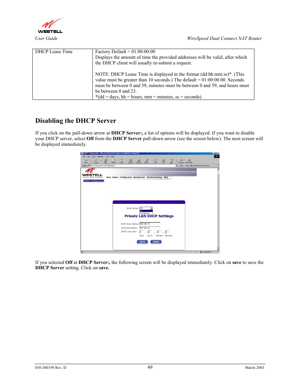 Disabling the dhcp server | Westell Technologies Wirespeed 2100 User Manual | Page 51 / 118