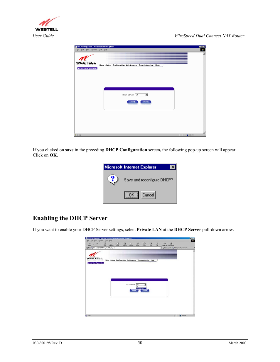 Enabling the dhcp server | Westell Technologies Wirespeed 2100 User Manual | Page 52 / 118