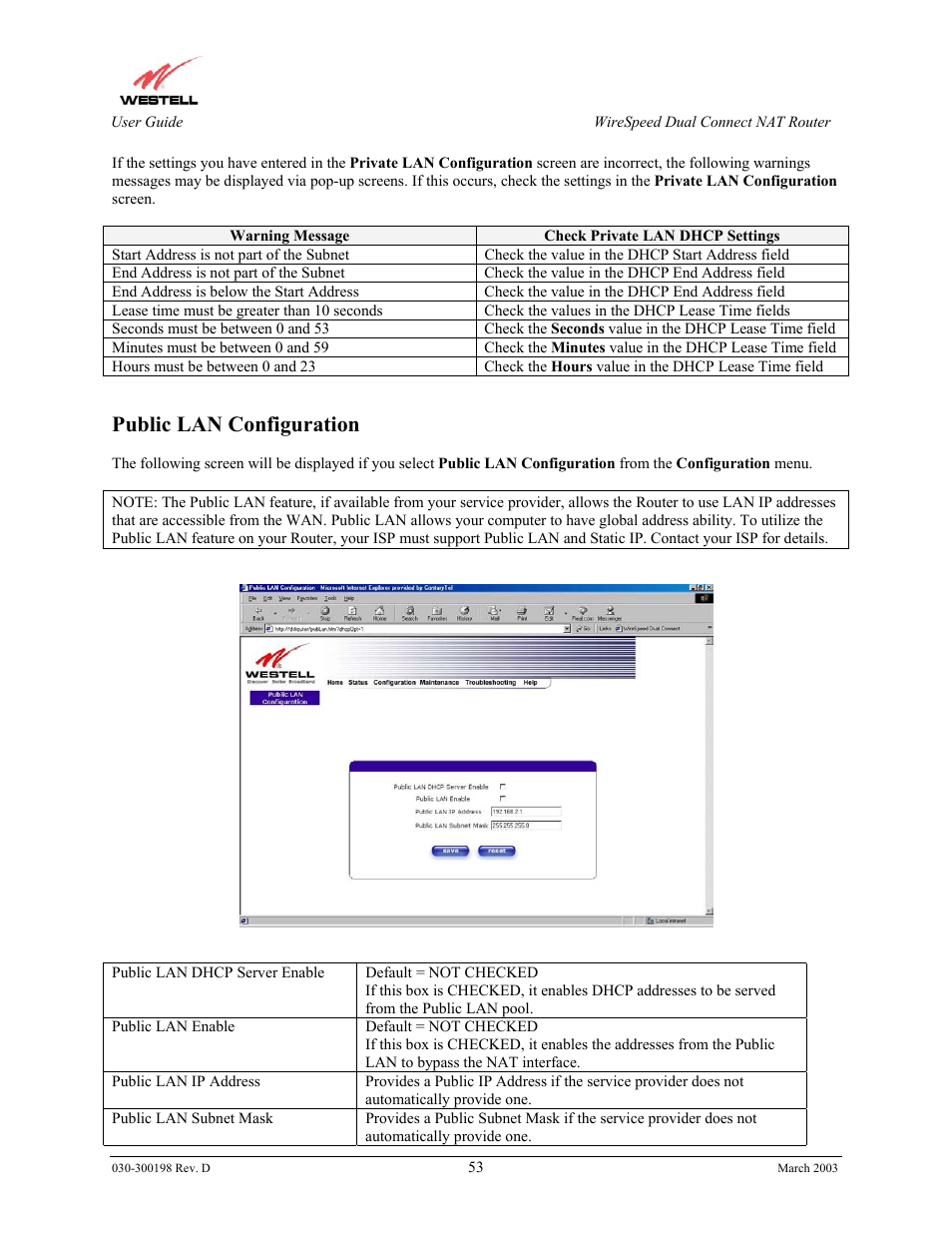 Public lan configuration | Westell Technologies Wirespeed 2100 User Manual | Page 55 / 118