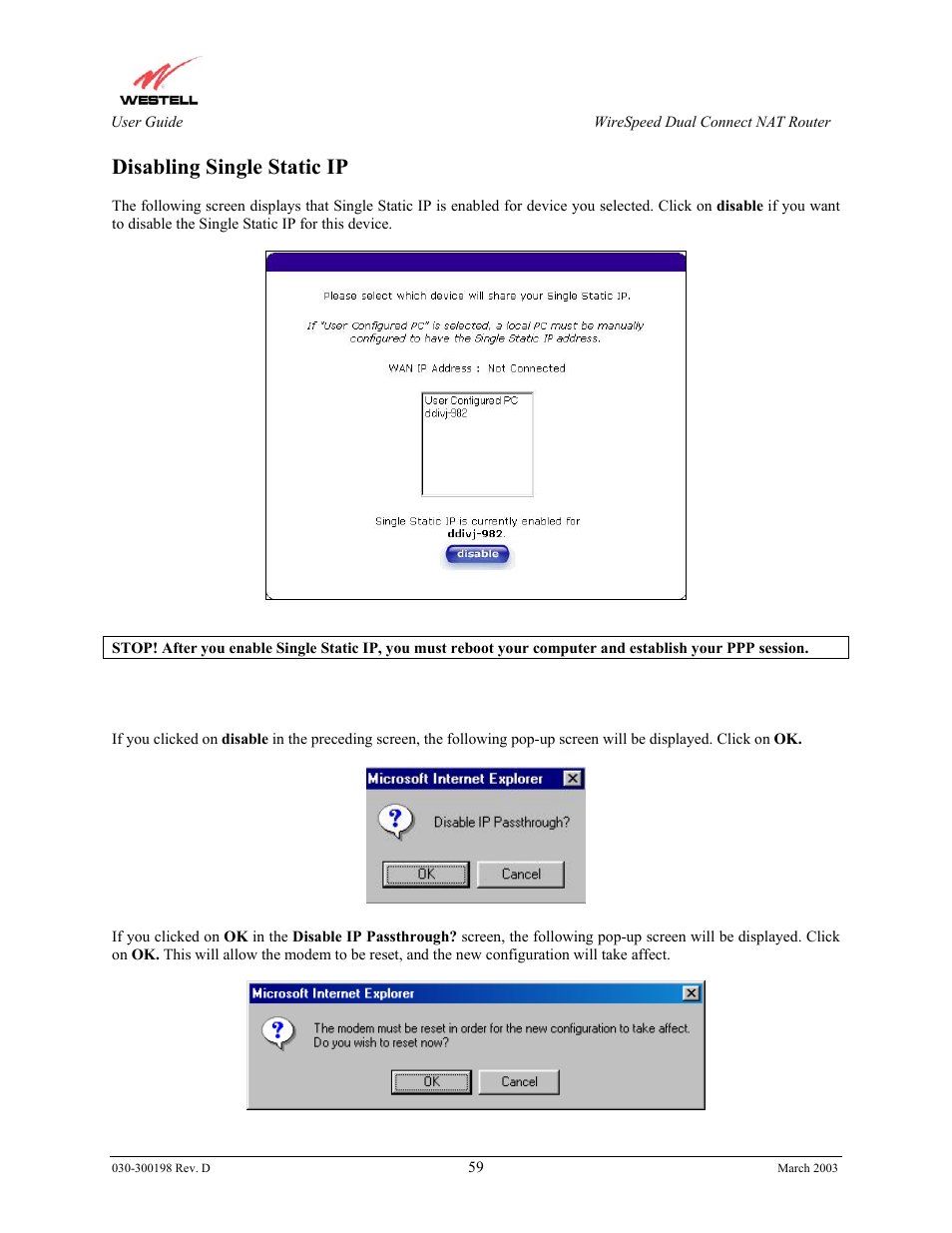 Disabling single static ip | Westell Technologies Wirespeed 2100 User Manual | Page 61 / 118