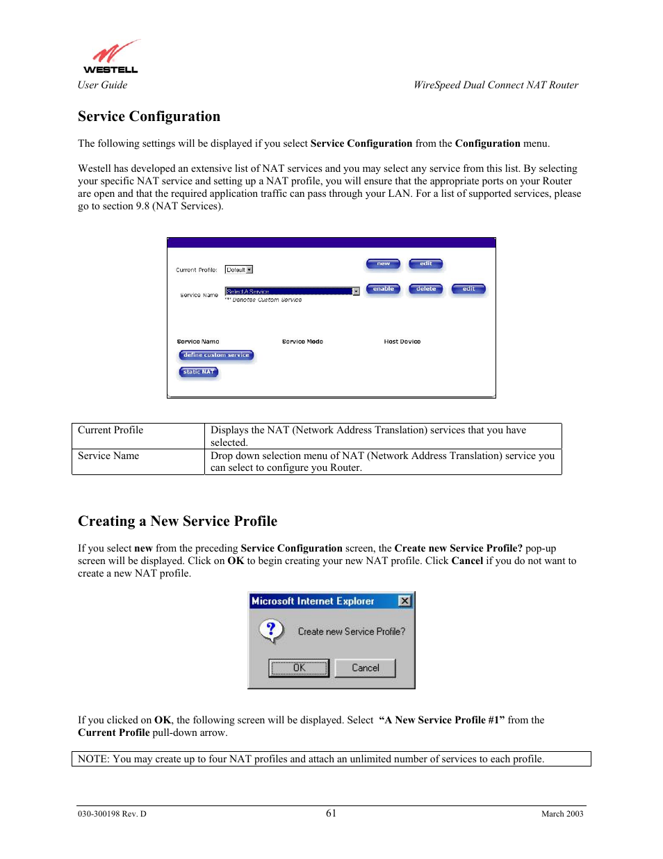 Service configuration, Creating a new service profile | Westell Technologies Wirespeed 2100 User Manual | Page 63 / 118