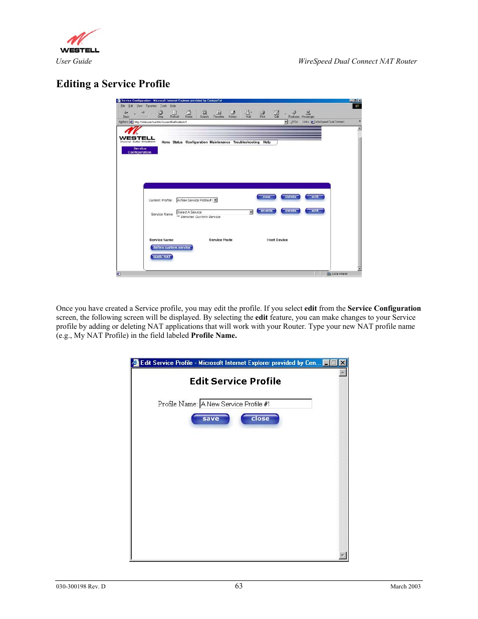 Editing a service profile | Westell Technologies Wirespeed 2100 User Manual | Page 65 / 118