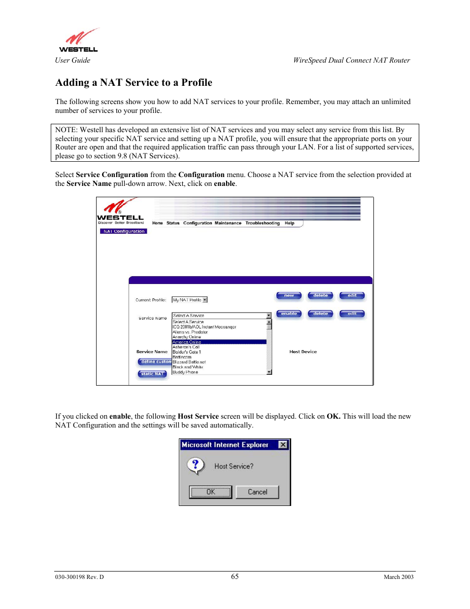 Adding a nat service to a profile | Westell Technologies Wirespeed 2100 User Manual | Page 67 / 118