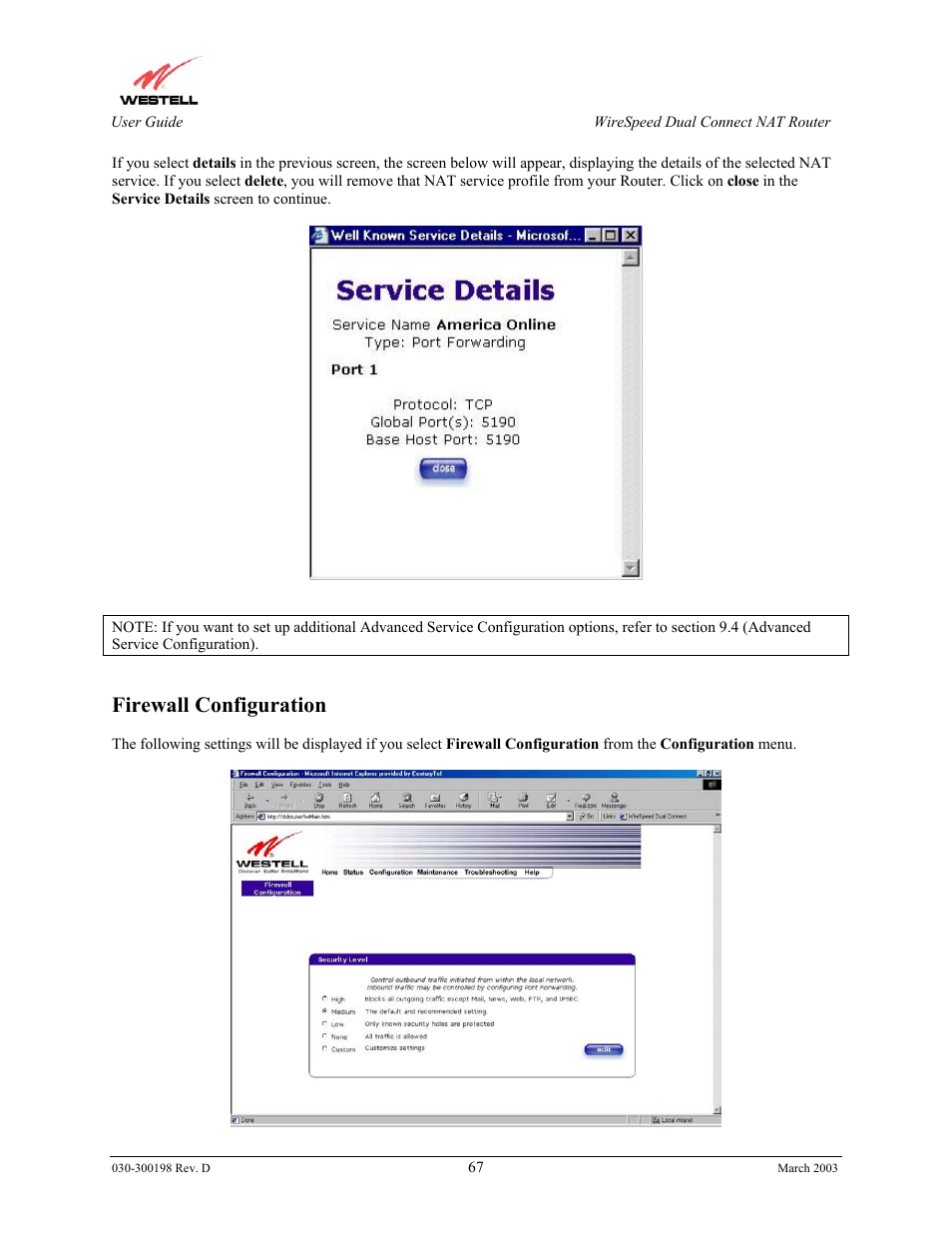 Firewall configuration | Westell Technologies Wirespeed 2100 User Manual | Page 69 / 118