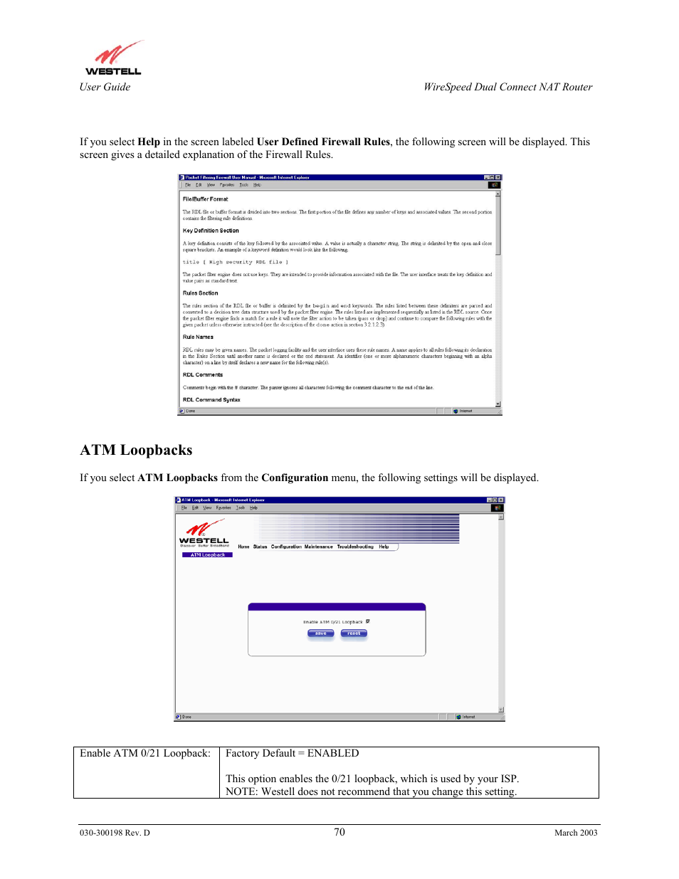 Atm loopbacks | Westell Technologies Wirespeed 2100 User Manual | Page 72 / 118