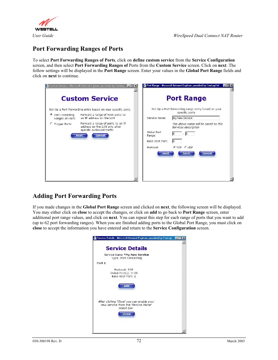 Port forwarding ranges of ports, Adding port forwarding ports | Westell Technologies Wirespeed 2100 User Manual | Page 74 / 118