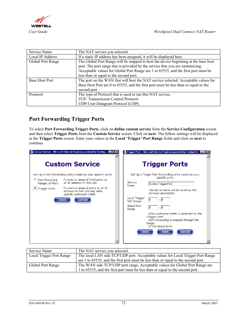 Port forwarding trigger ports | Westell Technologies Wirespeed 2100 User Manual | Page 75 / 118