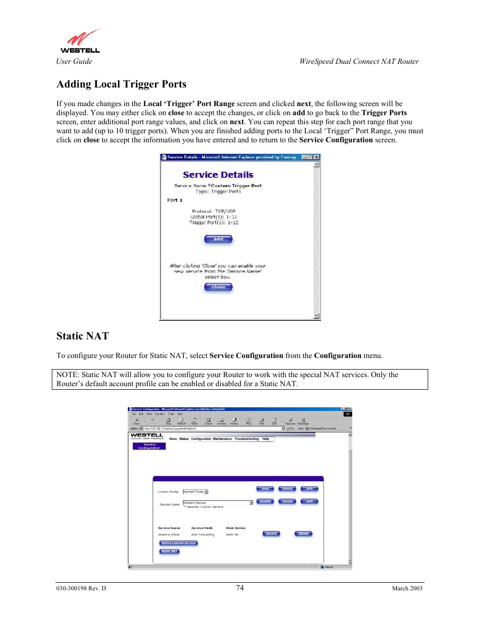 Adding local trigger ports, Static nat | Westell Technologies Wirespeed 2100 User Manual | Page 76 / 118