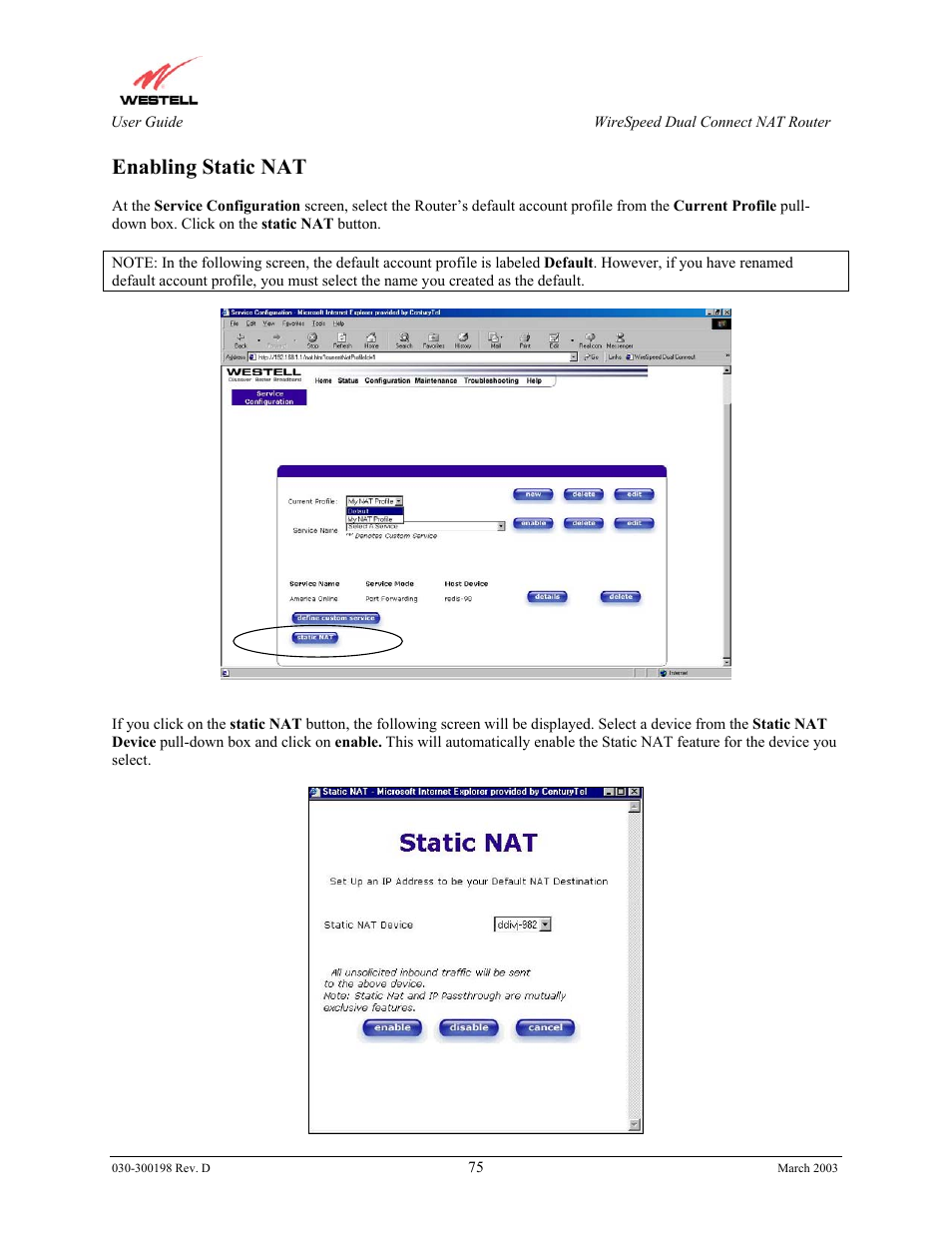 Enabling static nat | Westell Technologies Wirespeed 2100 User Manual | Page 77 / 118
